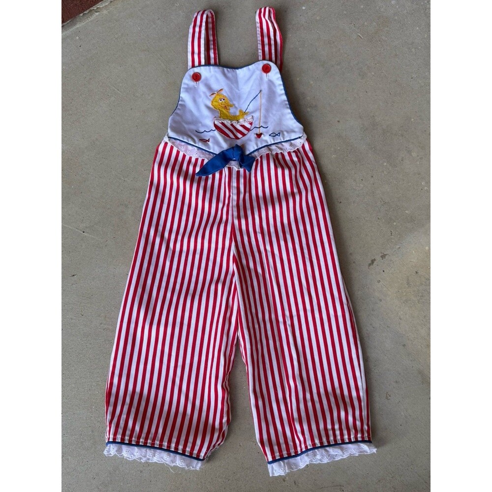Vintage 80s Sesame Street Big Bird Jcpenney Toddler Romper 2T Red White Stripes